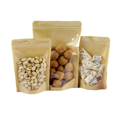 কাস্টম আকারের খাদ্য প্যাকেজিংয়ের জন্য জিপার টপ সহ বায়োডেগ্রেডেবল ক্রাফট পেপার স্ট্যান্ড আপ প্যাকেট